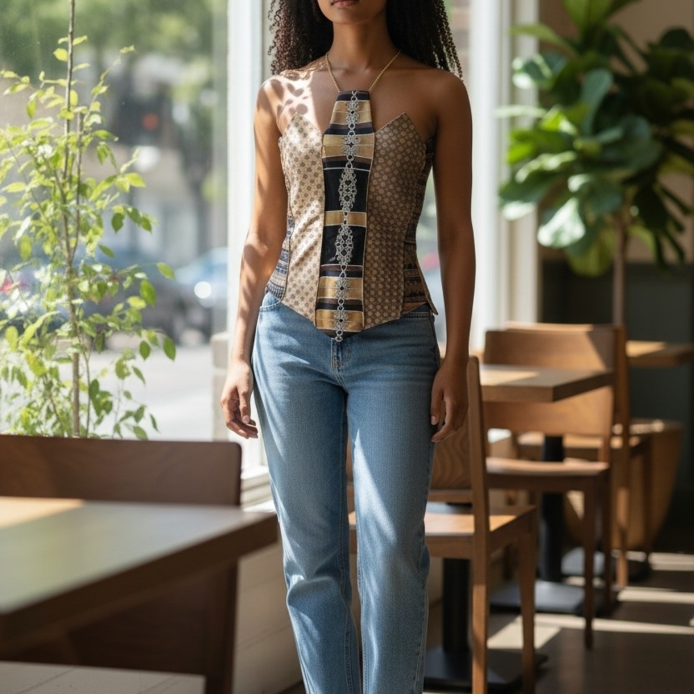 Patchwork Corset Top in Brown and Black
